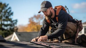 Person examining shingles and flashing on a residential roof beside a leafy yard.