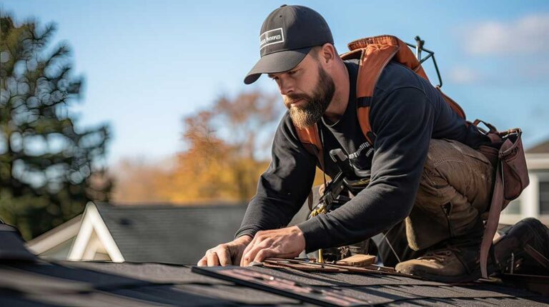 Person examining shingles and flashing on a residential roof beside a leafy yard.
