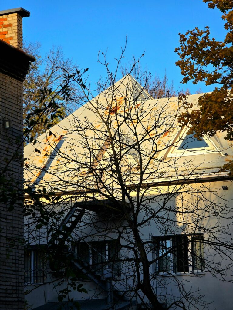 Roof shingles and flashing show storm damage while a person inspects the roof safely from the ground.